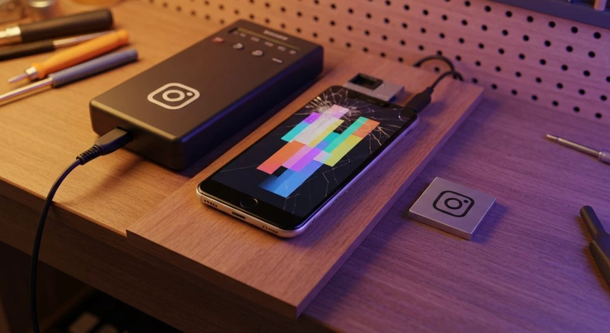 Teléfono agrietado sobre banco de reparación con logotipo Instagram