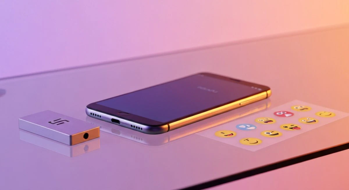 Teléfono Android sobre mesa de vidrio con emojis translúidos