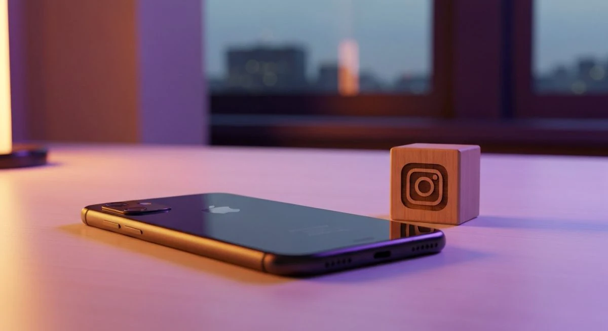Teléfono boca abajo junto a bloque de madera logo Instagram