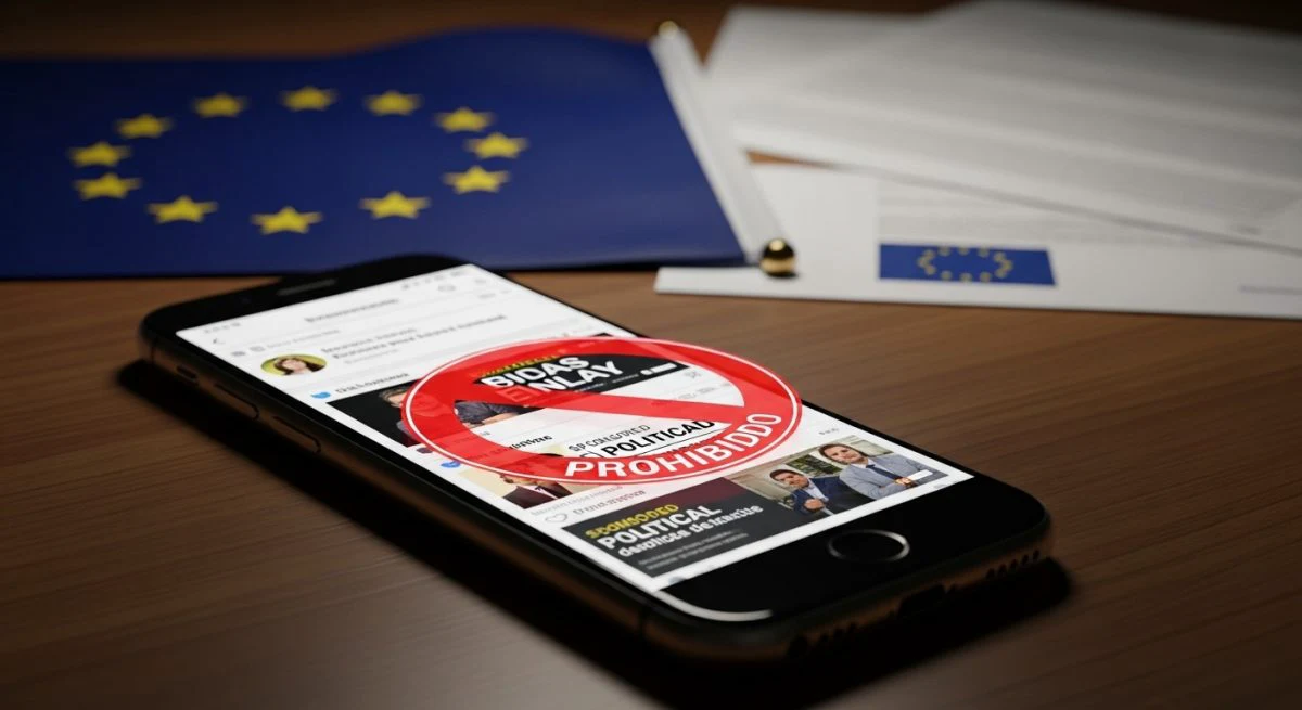 Teléfono en escritorio con anuncio político prohibido por regulación europea
