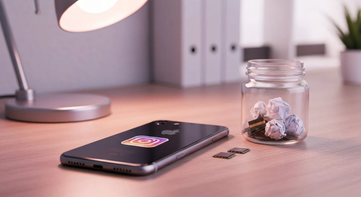 Teléfono inteligente boca abajo sobre escritorio de madera con Instagram