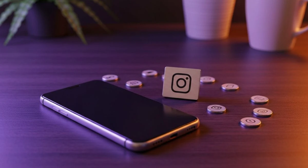 Teléfono inteligente boca abajo sobre escritorio oscuro con placa Instagram