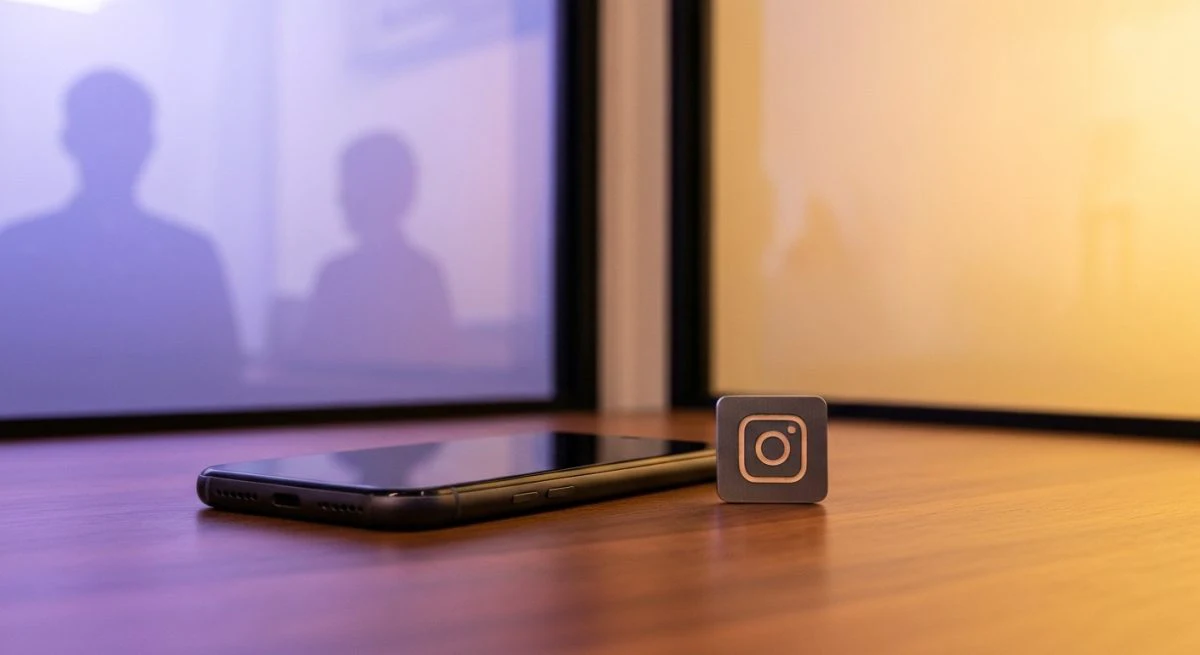 Teléfono inteligente sobre escritorio de madera logotipo de Instagram grabado