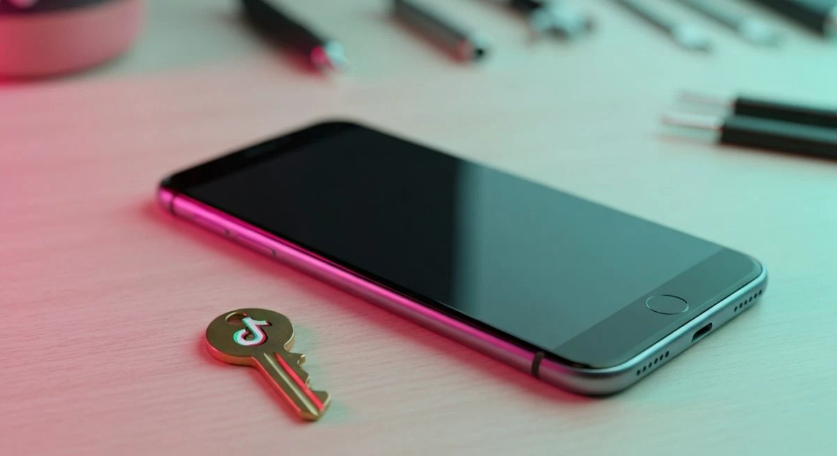 Teléfono inteligente sobre madera clara con llave TikTok logo grabado