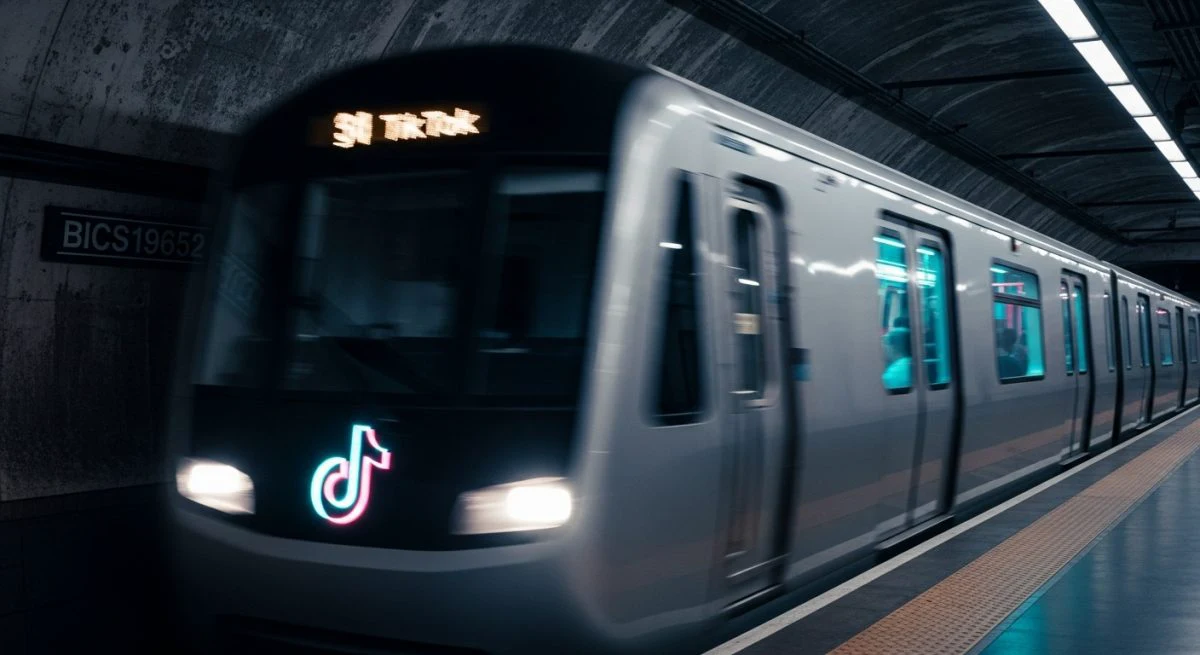 Tren moderno con logo de TikTok en estación de metro oscura