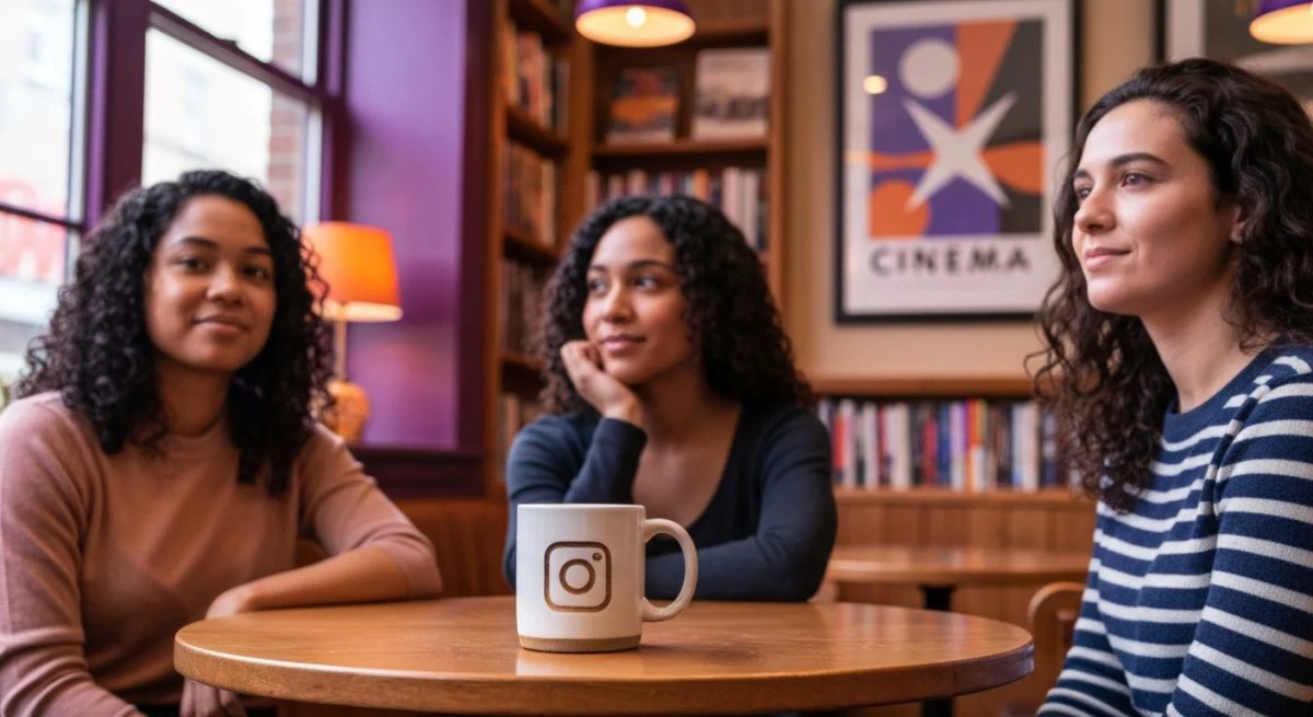 Tres mujeres en cafe librería mesa redonda con taza Instagram grabada