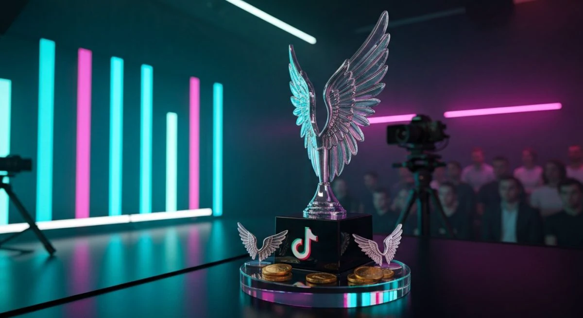 Trofeo de ala reluciente en pedestal de cristal con TikTok