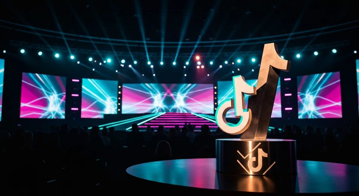 Trofeo minimalista de TikTok en primer plano en escenario iluminado