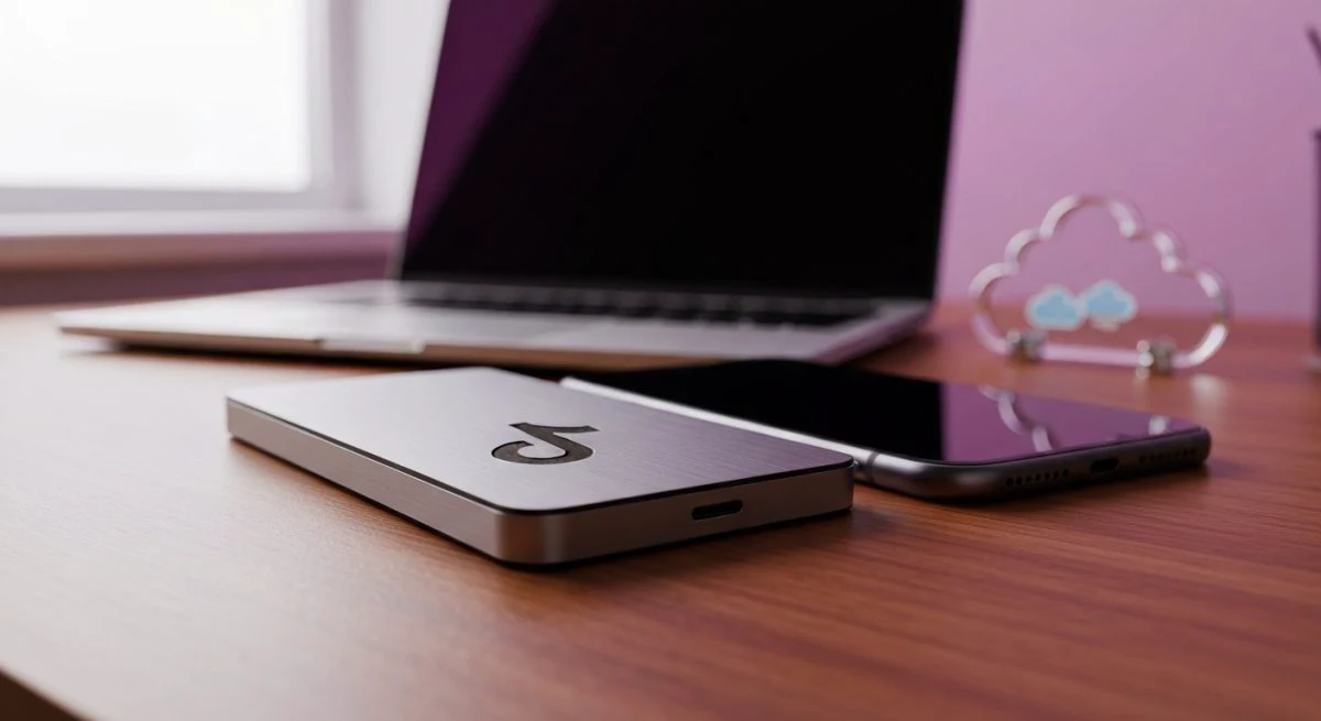 Unidad USB C externa con logotipo TikTok grabado junto teléfono