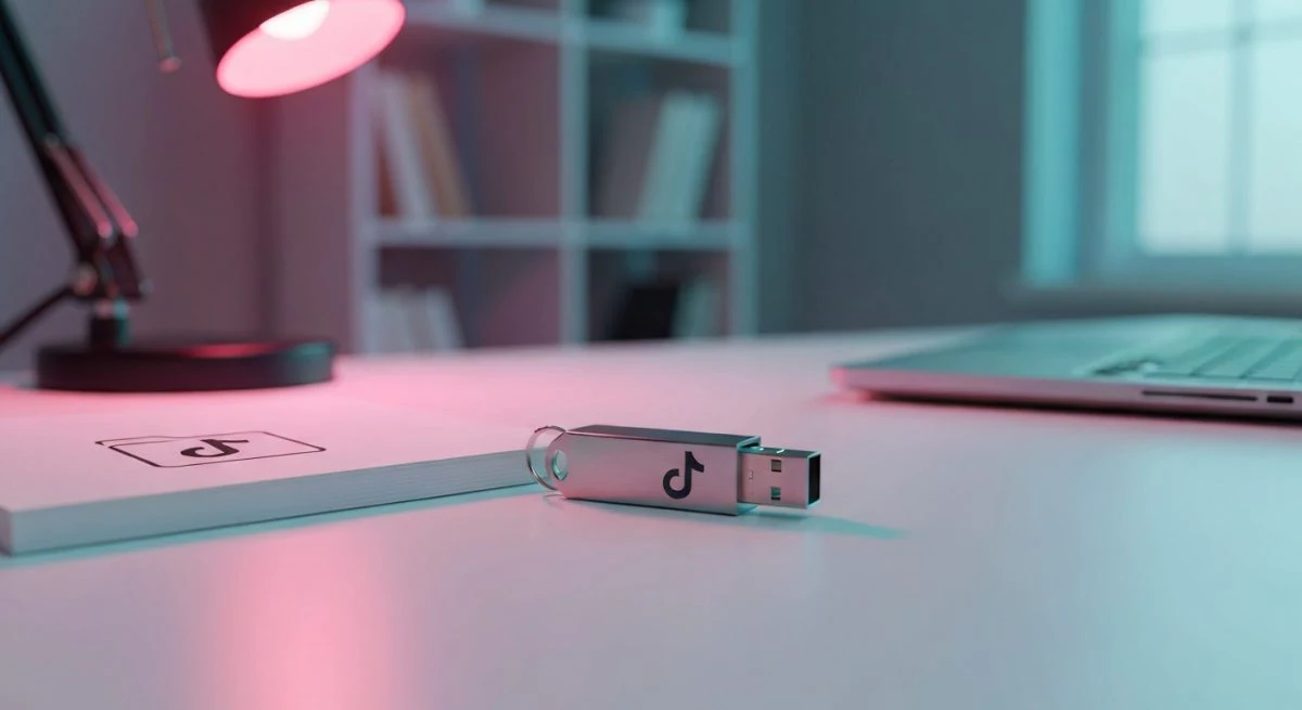 USB con logotipo TikTok colgando del capuchón sobre escritorio blanco