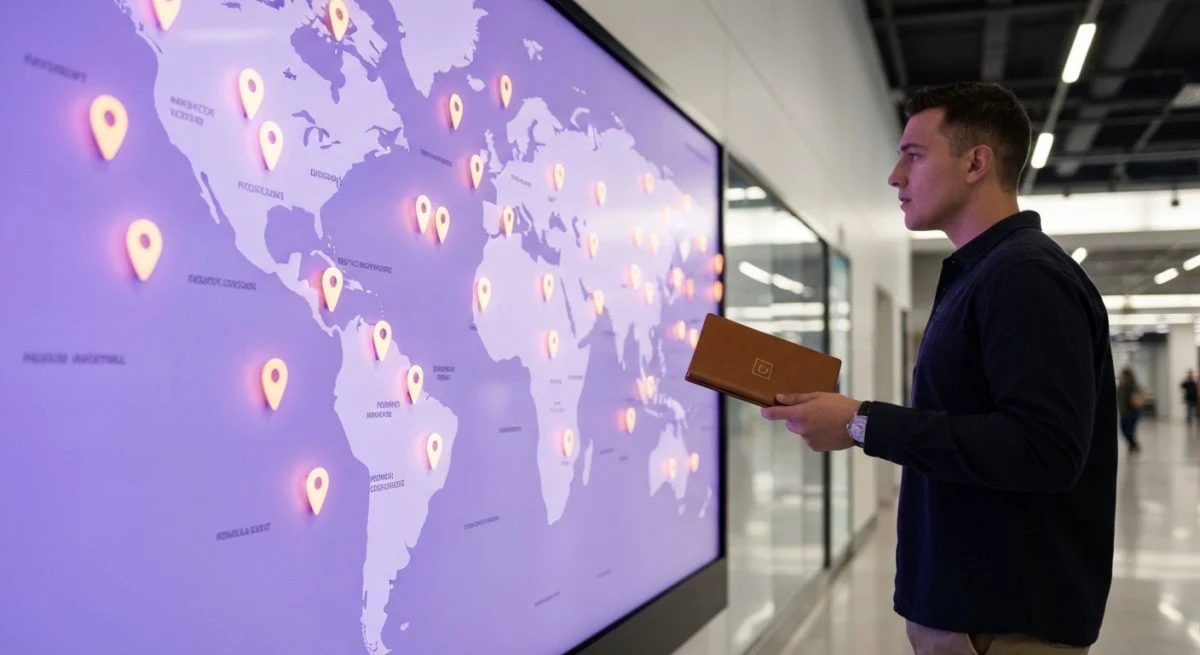 Viajero en hub moderno observa mapa mural y cuaderno cuero