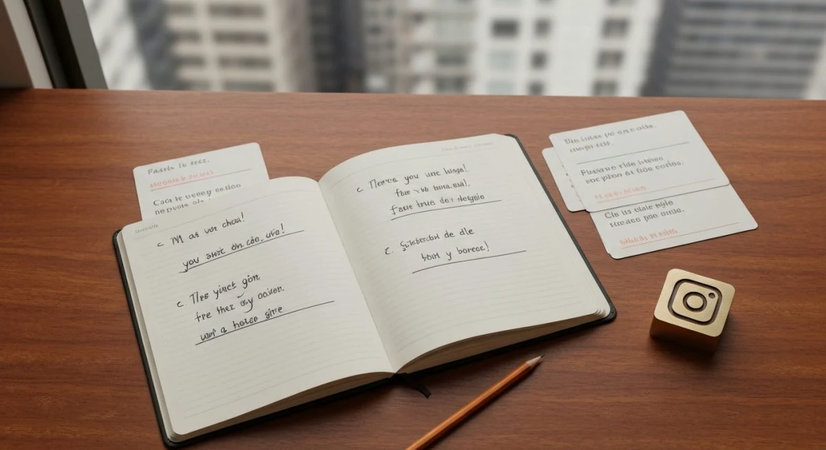 Vista cenital escritorio con cuaderno frases inglesas traducciones tarjetas Instagram