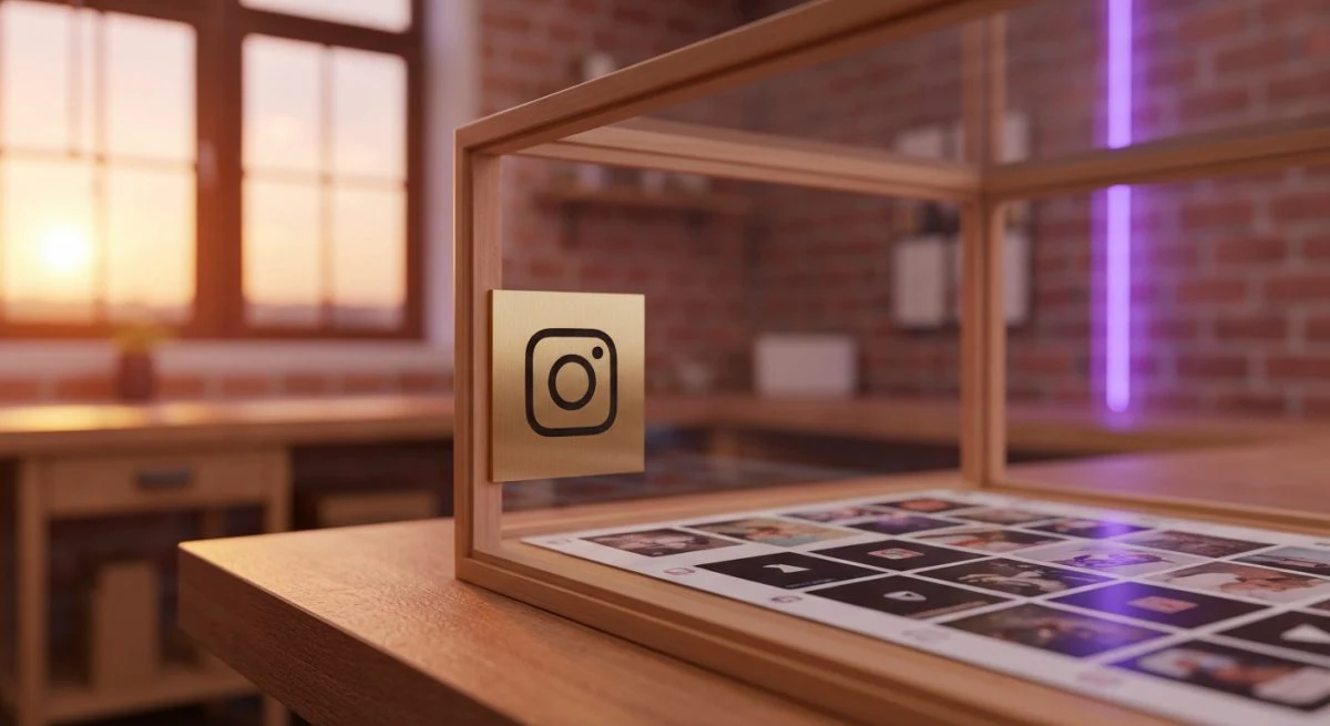 Vitrina minimalista de vidrio con grabado Instagram cámara y miniaturas