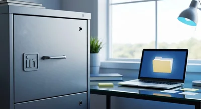 Archivador metálico minimalista con logo LinkedIn grabado y portátil cercano