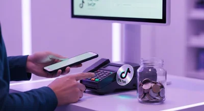 Cliente paga con teléfono frente a terminal con logo TikTok