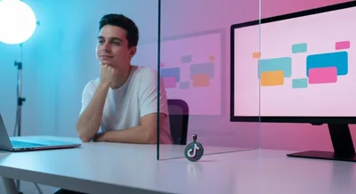 Creador de contenido pensativo sentado en escritorio minimalista con TikTok