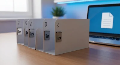 Cuatro CVs sobre escritorio de madera con clip metálico LinkedIn