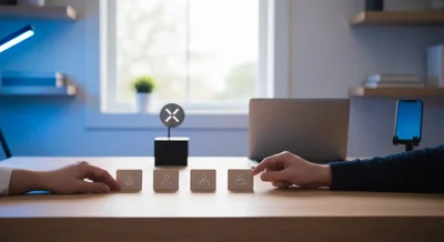 Cuatro tarjetas tactiles con simbolos de cuenta X en escritorio
