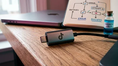 Dongle USB C metálico con logo TikTok sobre mesa madera