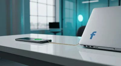 Escritorio minimalista con smartphone laptop unidos por cadena dorada logotipos