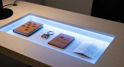 Escritorio minimalista con vitrina integrada y contenido guardado LinkedIn azul