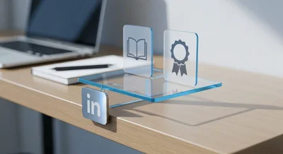 Escritorio minimalista iluminado con estante de vidrio y logotipo LinkedIn