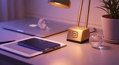 Escritorio minimalista iluminado lámpara bronce con logo Instagram teléfono tableta