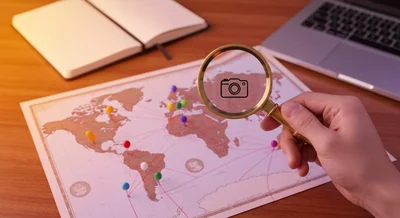 Lupa de latón con icono de camara sobre mapa Instagram