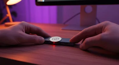 Manos ajustan hub USB C con emblema circular de cámara LED parpadeante
