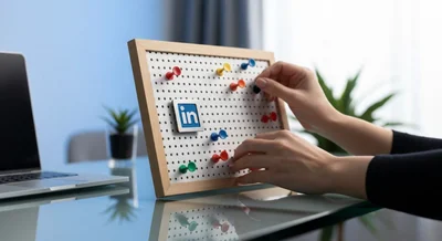 Manos ajustando tablero de progreso pegboard con logo de LinkedIn