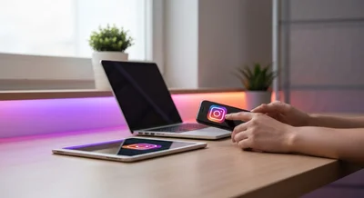 Manos cerrando sesión de Instagram en smartphone laptop y tableta