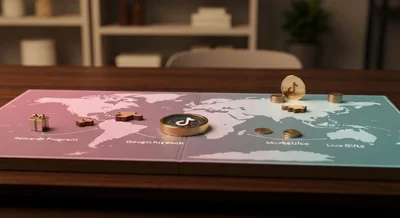 Mapa mundial en madera oscura con logotipo TikTok y brújula