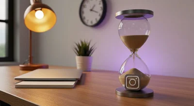 Mesa de madera minimalista reloj de arena con Instagram grabado