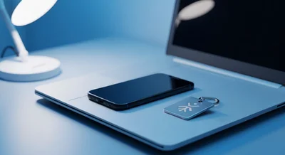 Mesa minimalista con portátil cerrado y teléfono junto llavero emblema