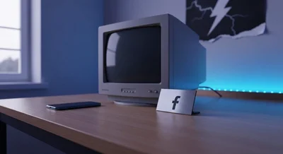 Monitor CRT vintage junto a smartphone placa Facebook en escritorio