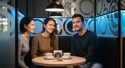 Pareja en cabina privada de cafe urbano con cafes humeantes