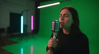 Persona cantando karaoke en TikTok con micrófono vintage logo TikTok