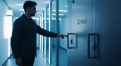 Persona casual frente a puerta de bóveda con logo Meta