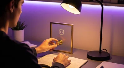 Persona de espaldas en escritorio gira dial privacidad bronce Instagram