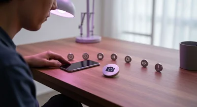 Persona en escritorio de madera observa teléfono rodeado de iconos