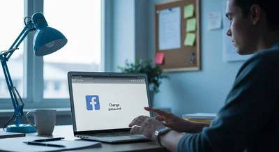 Persona en escritorio desordenado intenta cambiar contraseña en portátil Facebook