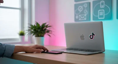 Persona en escritorio moderno con teléfono portátil preparando TikTok cuenta