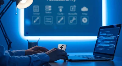 Persona en escritorio moderno solucionando errores de Facebook con insignia