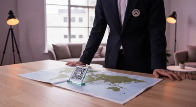 Persona estilizada con mapa mundial placa QR y pin Instagram