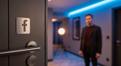 Persona frente puerta moderna con placa de metal logo Facebook