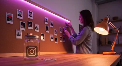 Persona selecciona foto en tablero de corcho con Polaroid Instagram