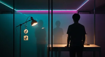 Persona solitaria en apartamento minimalista ante vidrio esmerilado llavero TikTok