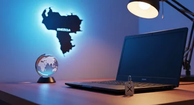 Portátil negro sobre madera llave logotipo X mapa Venezuela globo