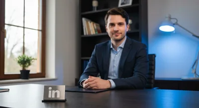 Profesional en escritorio hogareño con placa LinkedIn y logotipo visible
