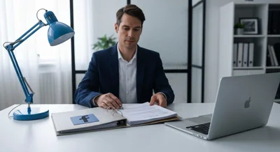 Profesional en oficina moderna revisa documentos junto a carpeta Facebook